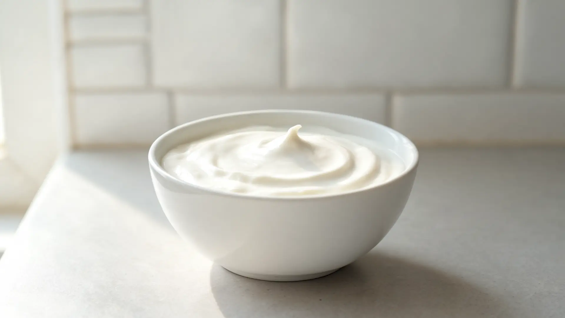 plain greek yogurt served in a simple bowl on a clean kitchen counter with natural daylight