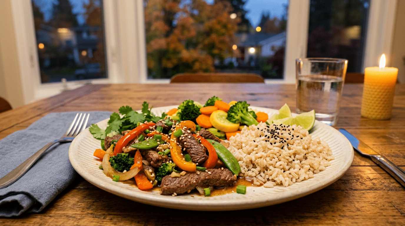 plate of beef stir fry with vegetables and rice on a wooden dining table with candle and window view