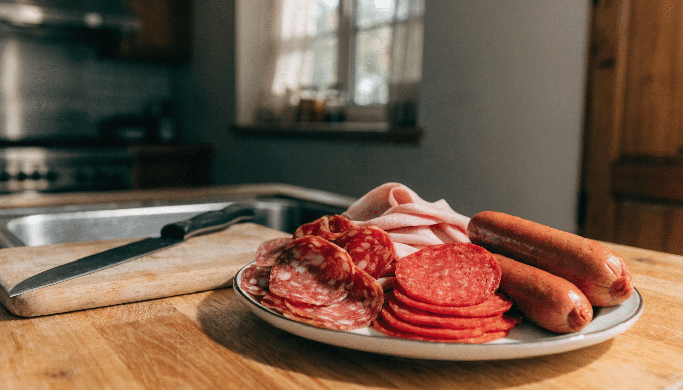 processed meat including sliced salami pepperoni deli meat and hot dogs arranged on a kitchen plate