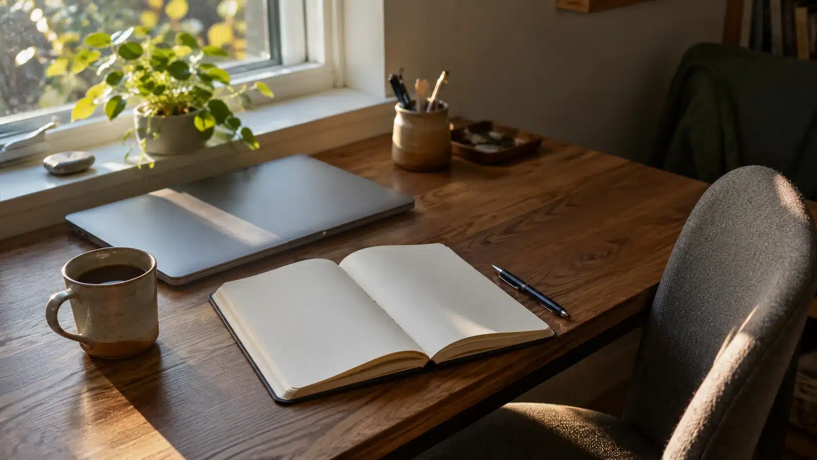quiet morning desk with closed laptop and blank notebook showing a slow first task start before email