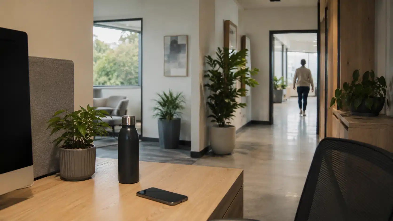 quiet office hallway with phone left behind showing a walking reset break away from the desk