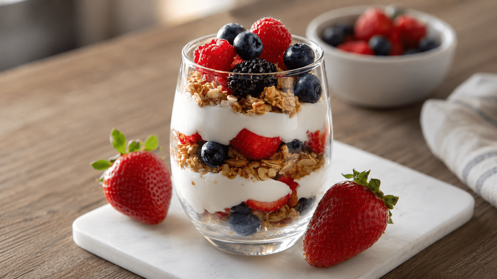 realistic greek yogurt berry parfait layered with granola strawberries blueberries raspberries and blackberries in a glass cup (1)