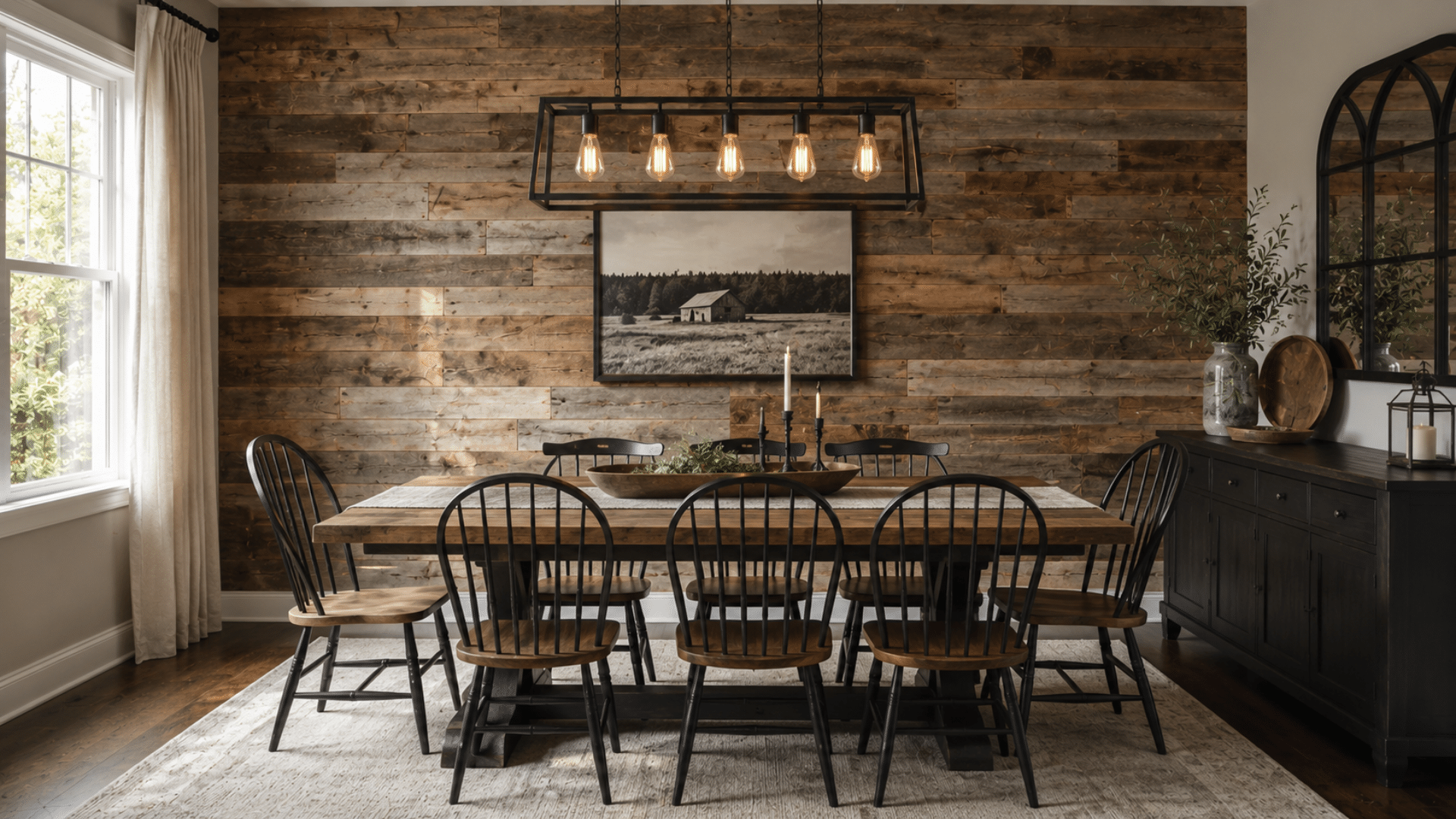 reclaimed wood dining room accent wall with farmhouse table industrial lighting and neutral decor (1)
