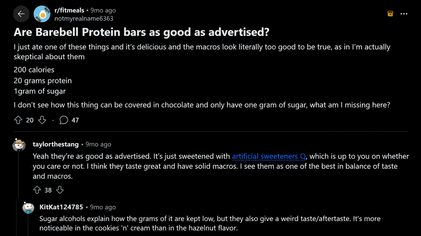 reddit discussion asking whether barebell protein bars are as good as advertised with comments about artificial sweeteners low sugar content and nutrition macros