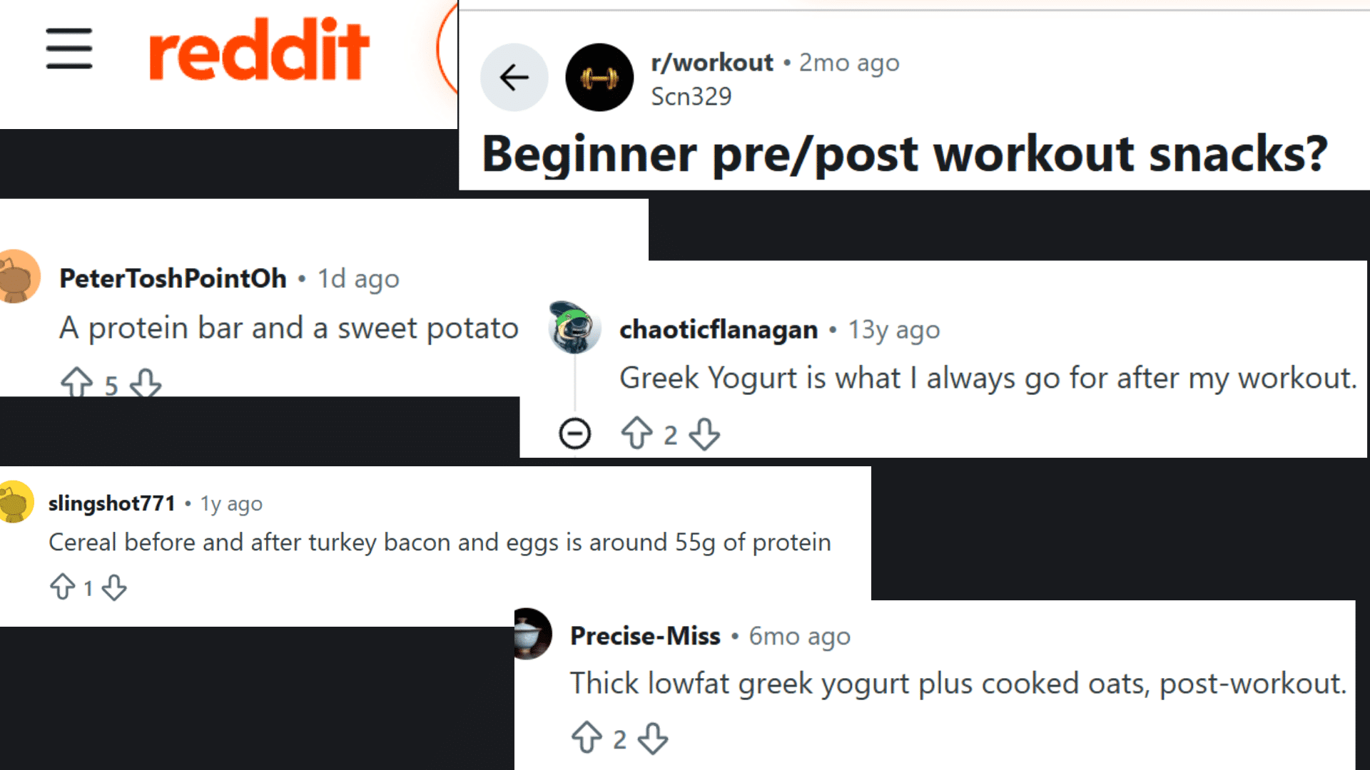 reddit discussion showing people advice on pre and post workout snacks