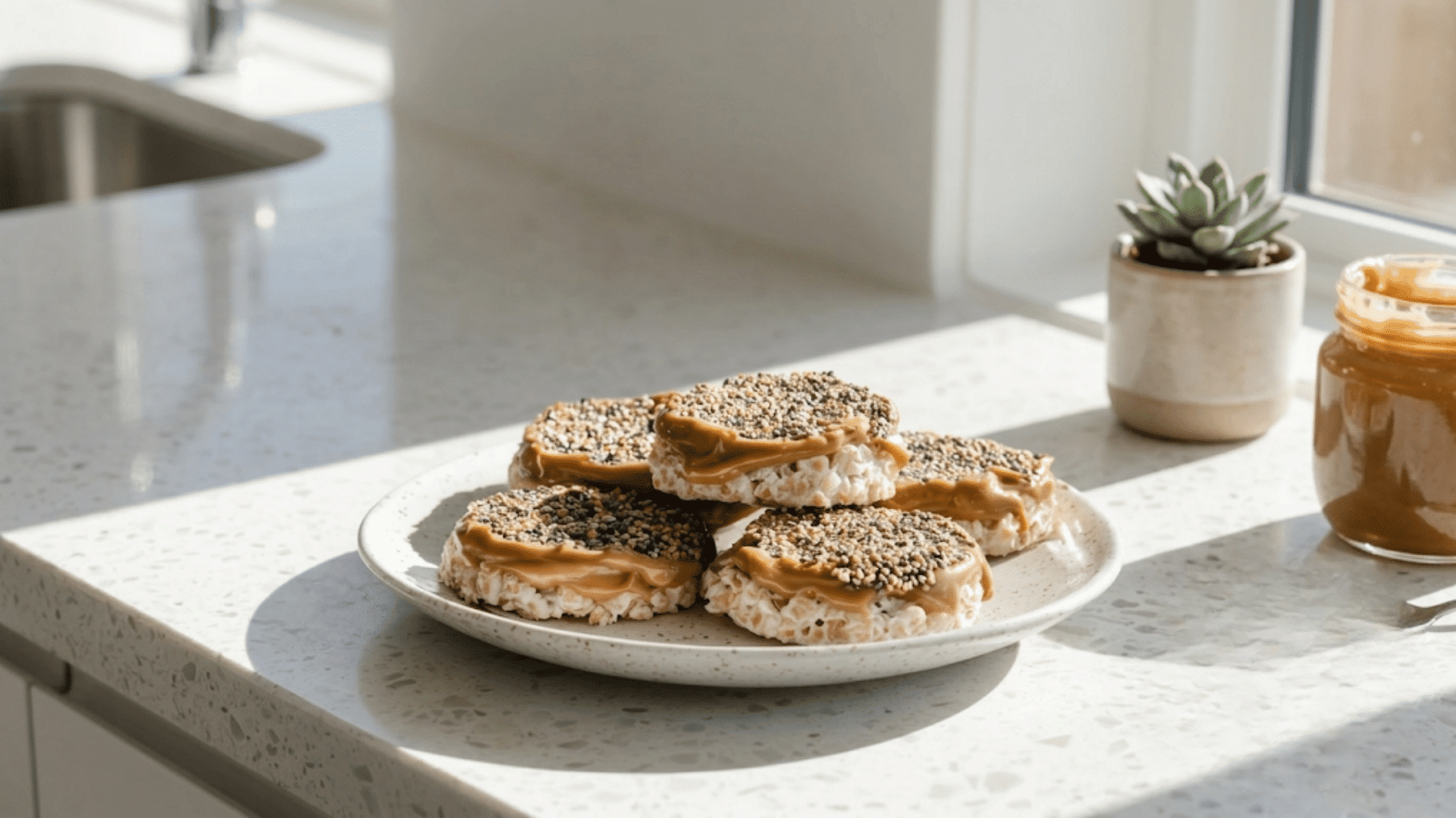 rice cakes topped with peanut butter and chia seeds arranged on plate with peanut butter jar in bright kitchen setting