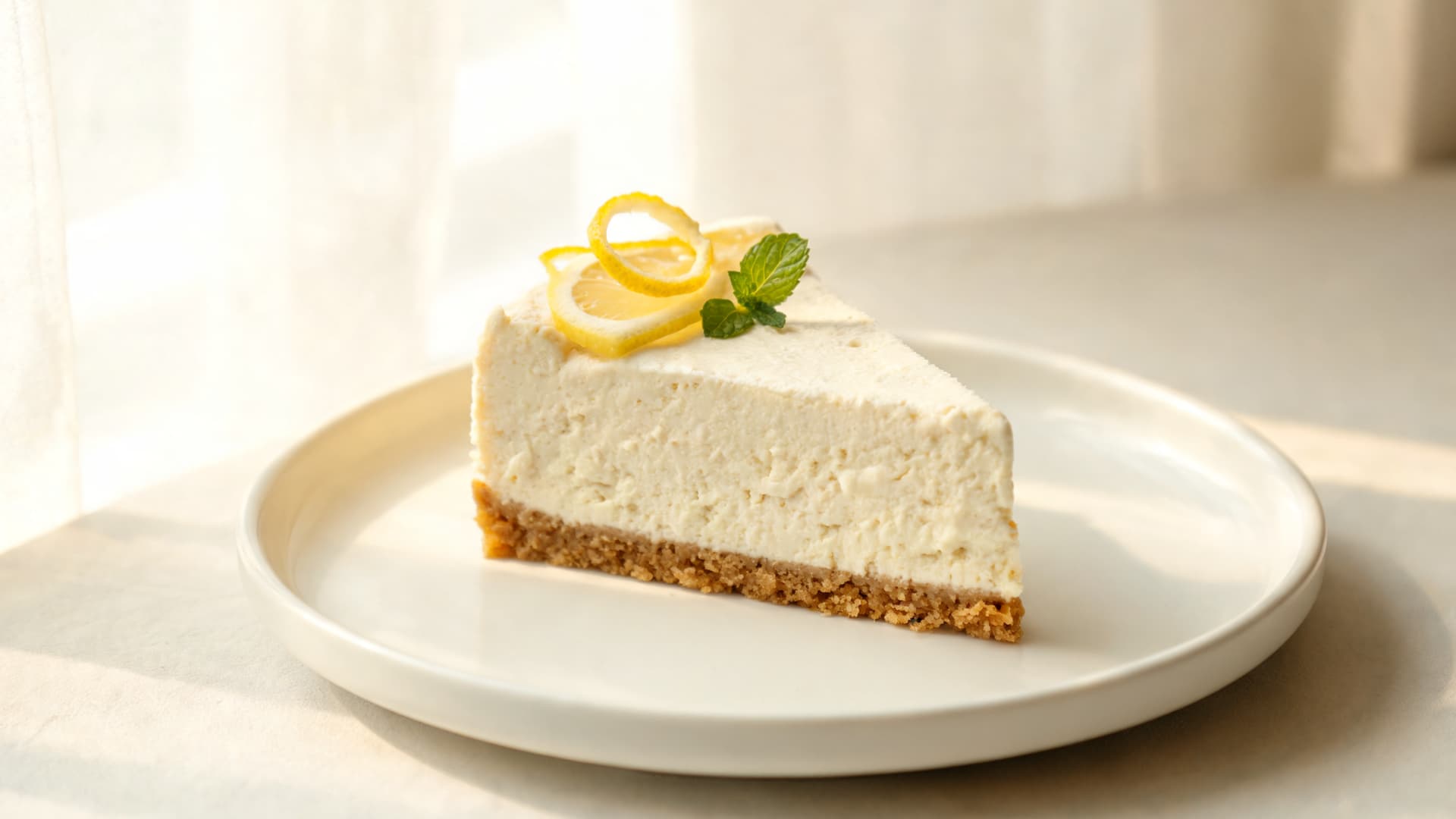 ricotta cheesecake slice creamy texture with golden crust light citrus garnish elegant bakery presentation