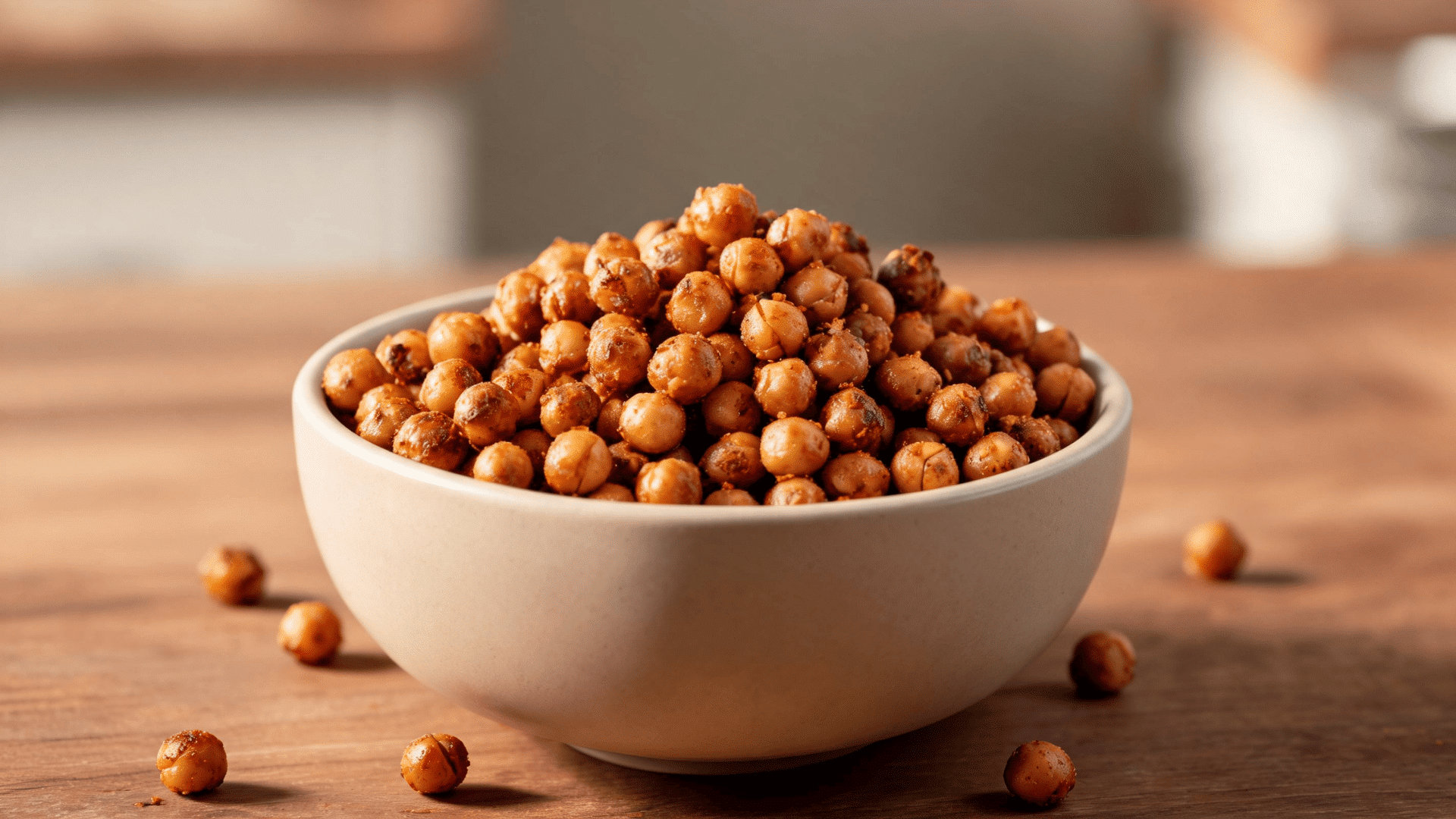 roasted chickpeas seasoned with spices in a ceramic bowl on a wooden table
