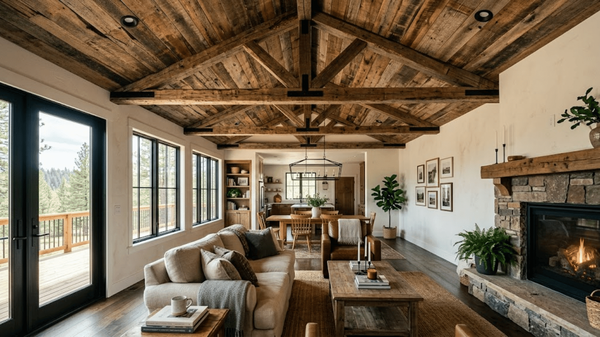 rustic living room with exposed wooden beam ceiling stone fireplace large windows and open dining area with cozy seating