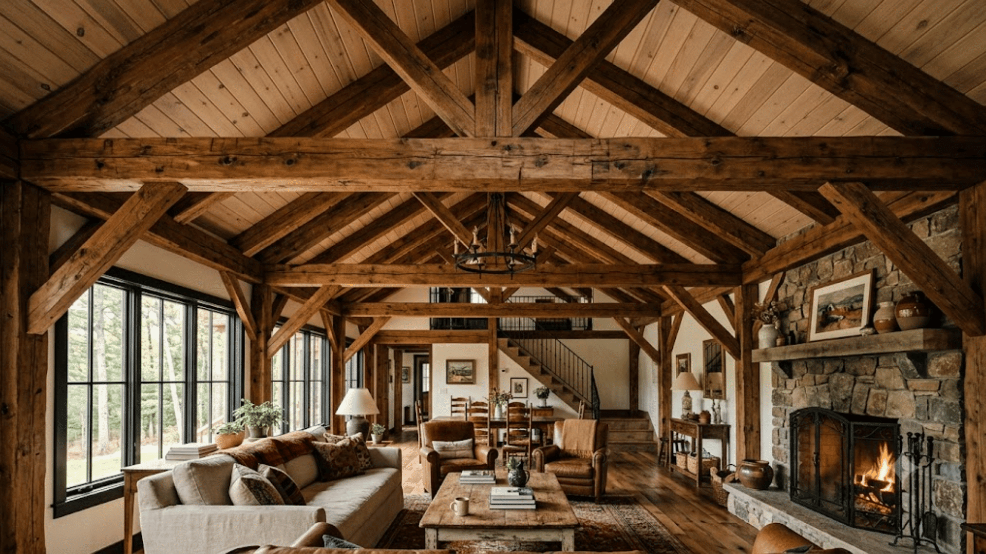 rustic living room with exposed wooden beams stone fireplace large windows cozy seating and warm natural lighting