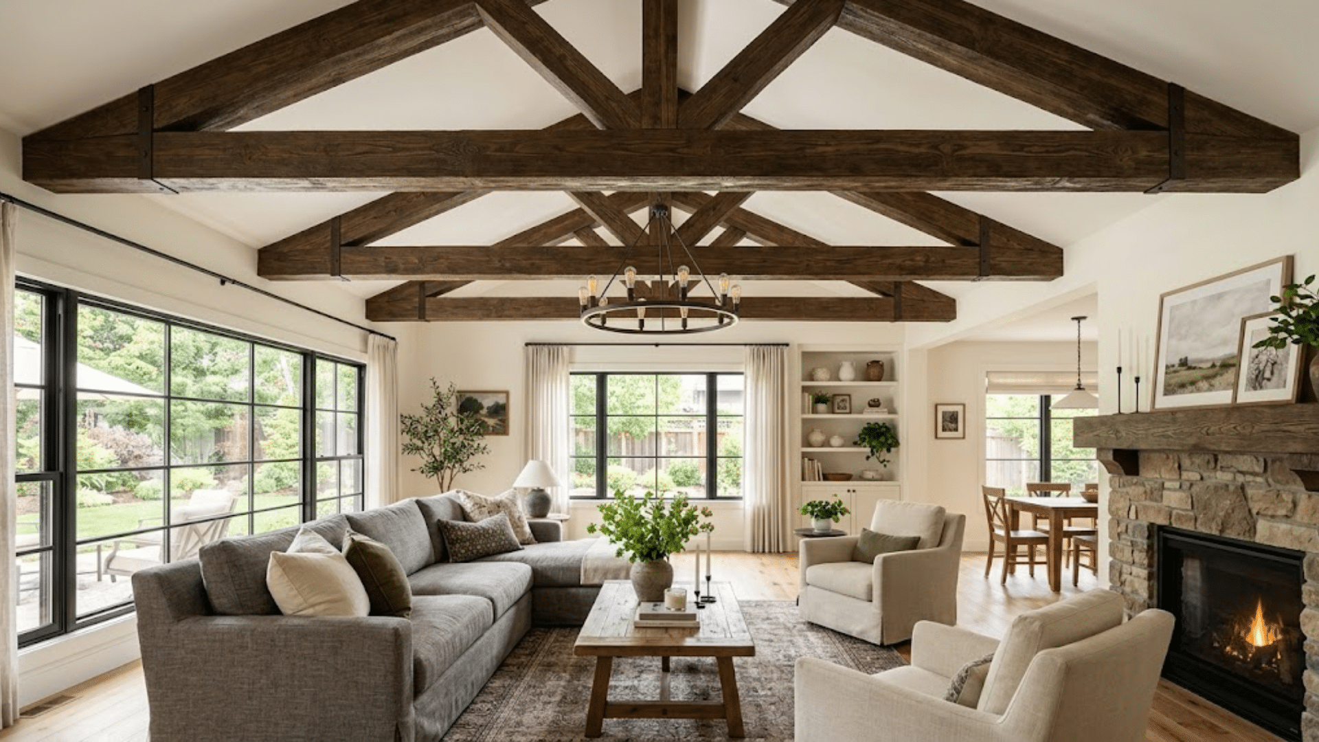 rustic living room with exposed wooden truss ceiling stone fireplace large windows comfortable seating and cozy natural decor