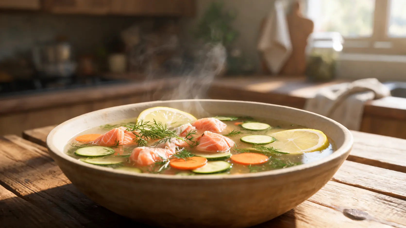 salmon paleo soup lemon dill broth healthy fish vegetable bowl