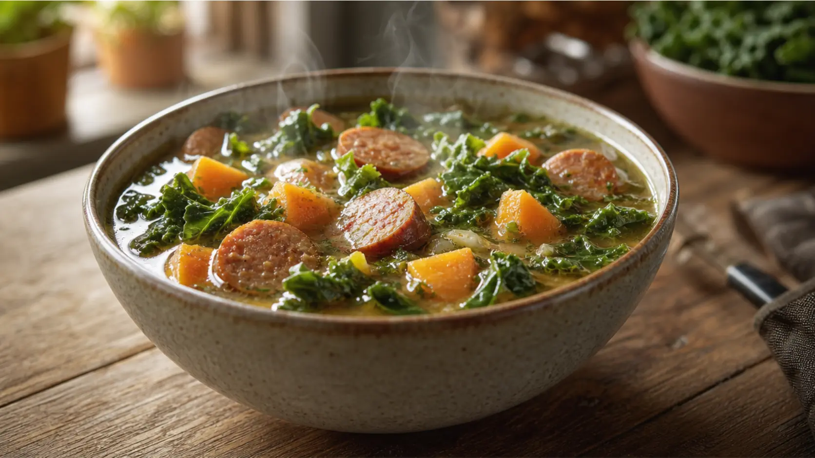sausage kale paleo soup with sweet potato and greens healthy warm bowl