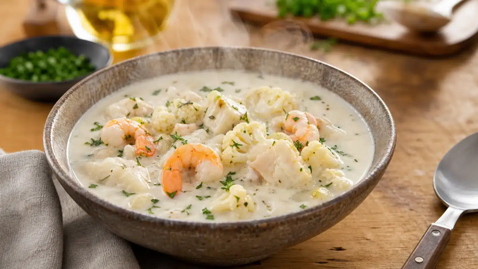 seafood paleo chowder shrimp and fish coconut milk creamy soup bowl