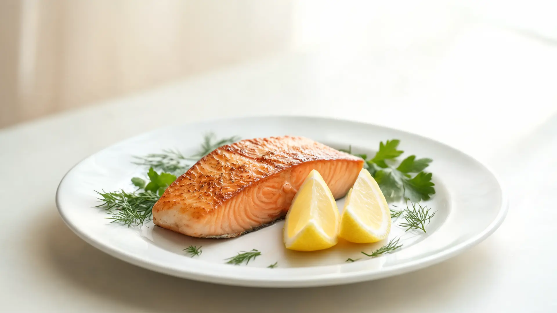 seared salmon fillet served on a simple plate with lemon and herbs in natural lighting