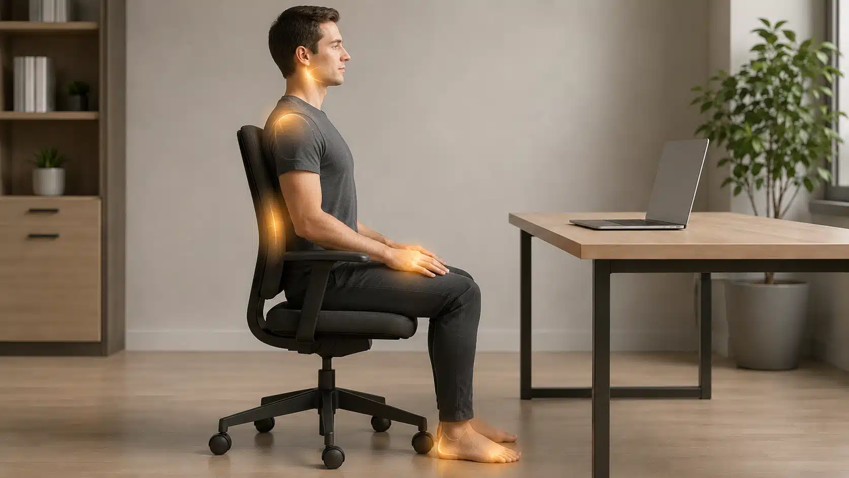 seated posture model showing jaw shoulders hands and feet awareness for a mindful body scan at work