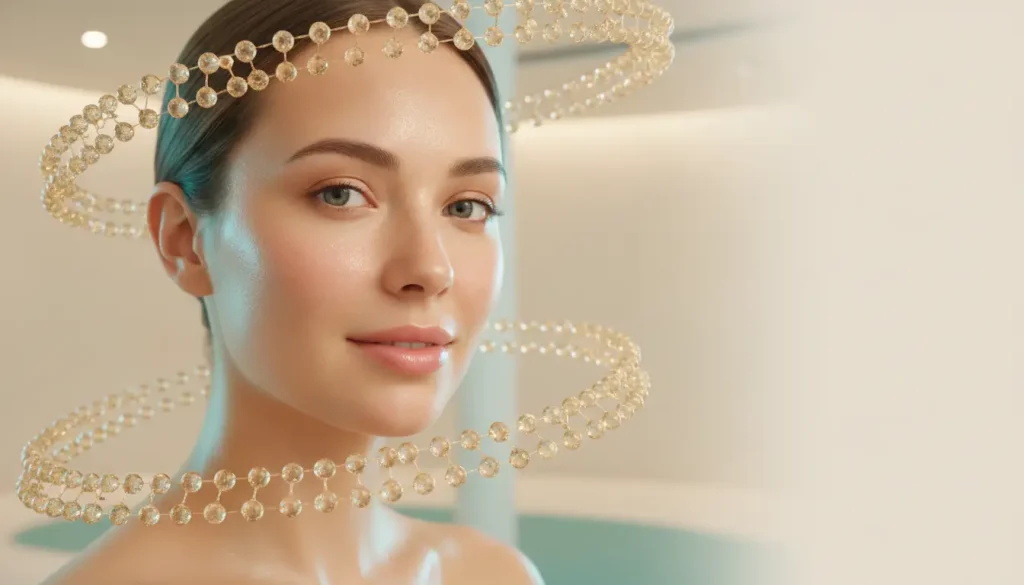 Woman with symmetrical crystal loops encircling head in soft lit environment