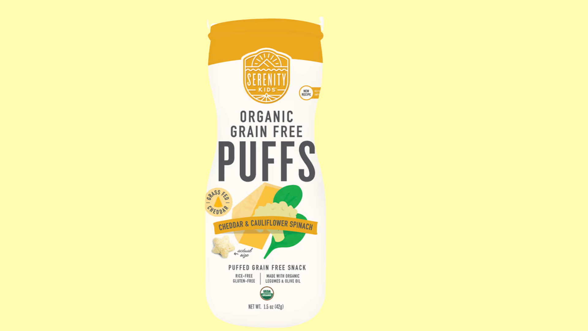 serenity kids organic grain free cheddar cauliflower spinach puffs snack container on a white background