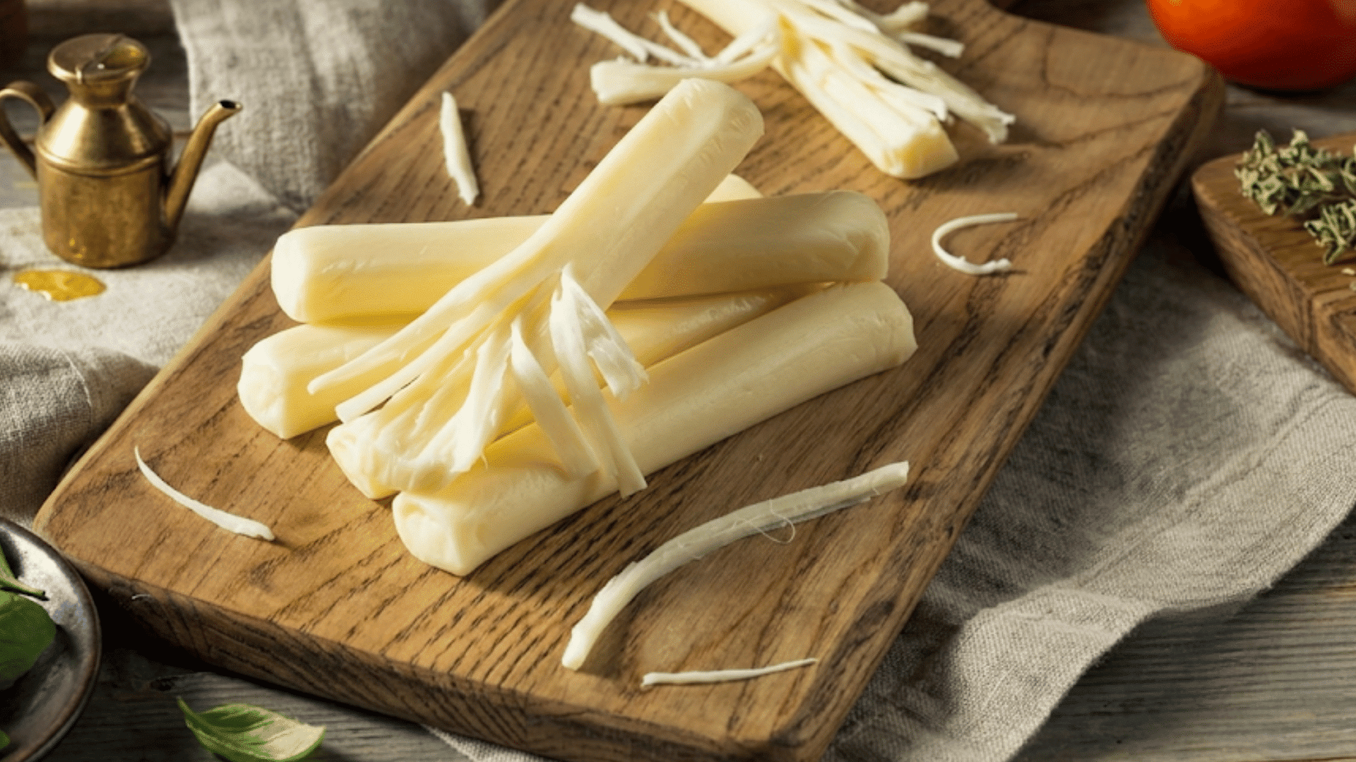 several mozzarella string cheese sticks on a wooden cutting board with fresh herbs tomato and olive oil for a simple snack