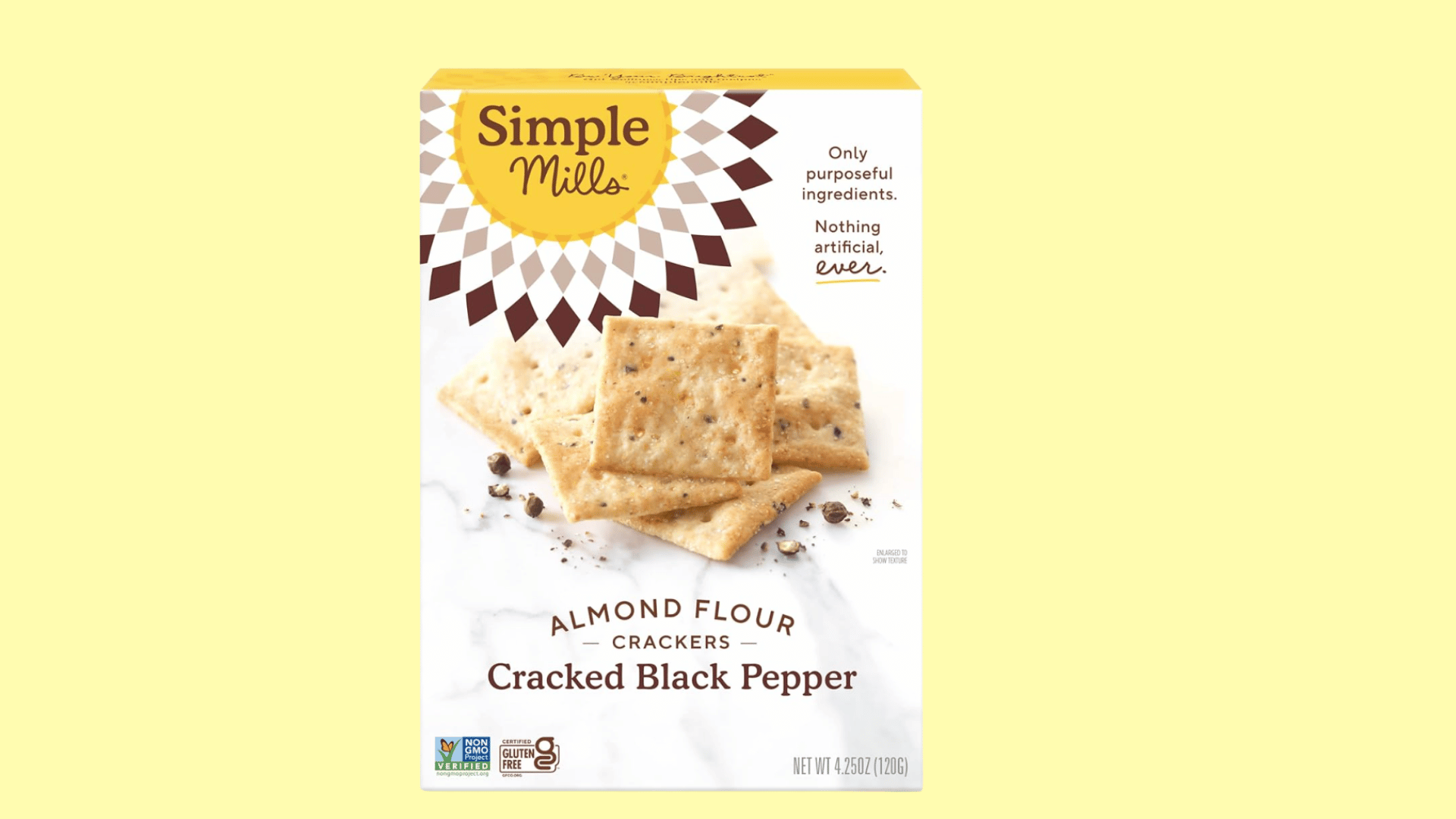 simple mills almond flour cracked black pepper crackers box displayed with cracker pieces on the front