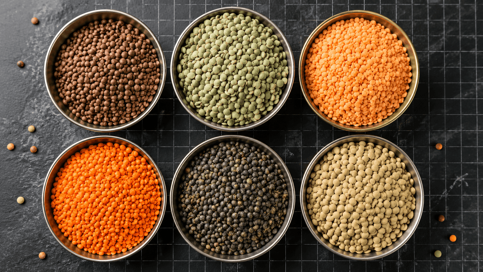 six bowls filled with red green black brown and yellow dried lentils arranged in two rows on a dark grid patterned surface (1)