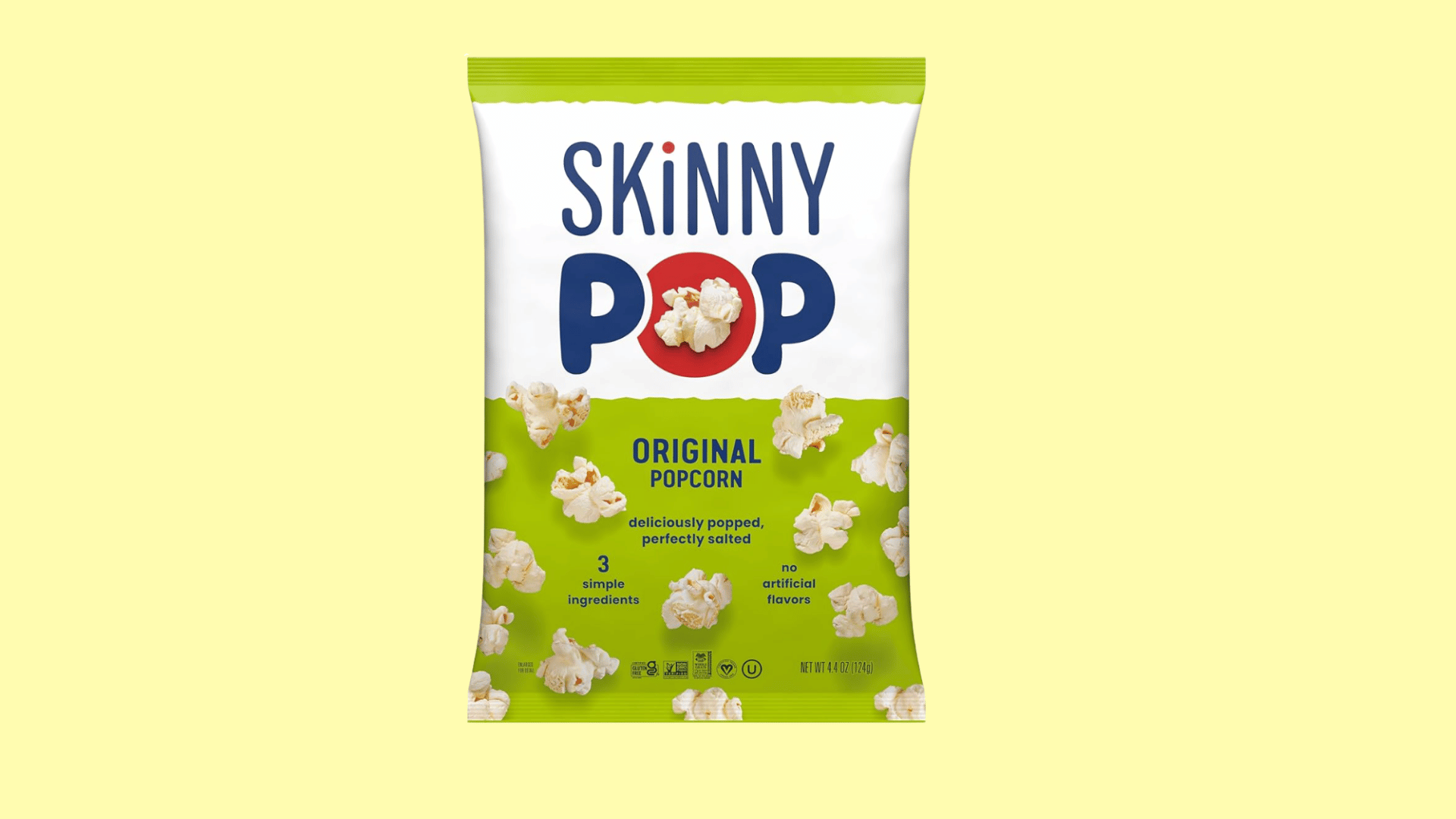 skinny pop original popcorn bag featuring popped popcorn pieces and simple ingredient claims on the package