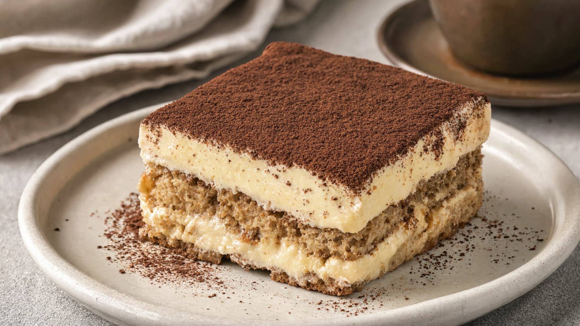 slice of tiramisu on a plate showing layers of creamy mascarpone and coffee soaked cake with cocoa powder