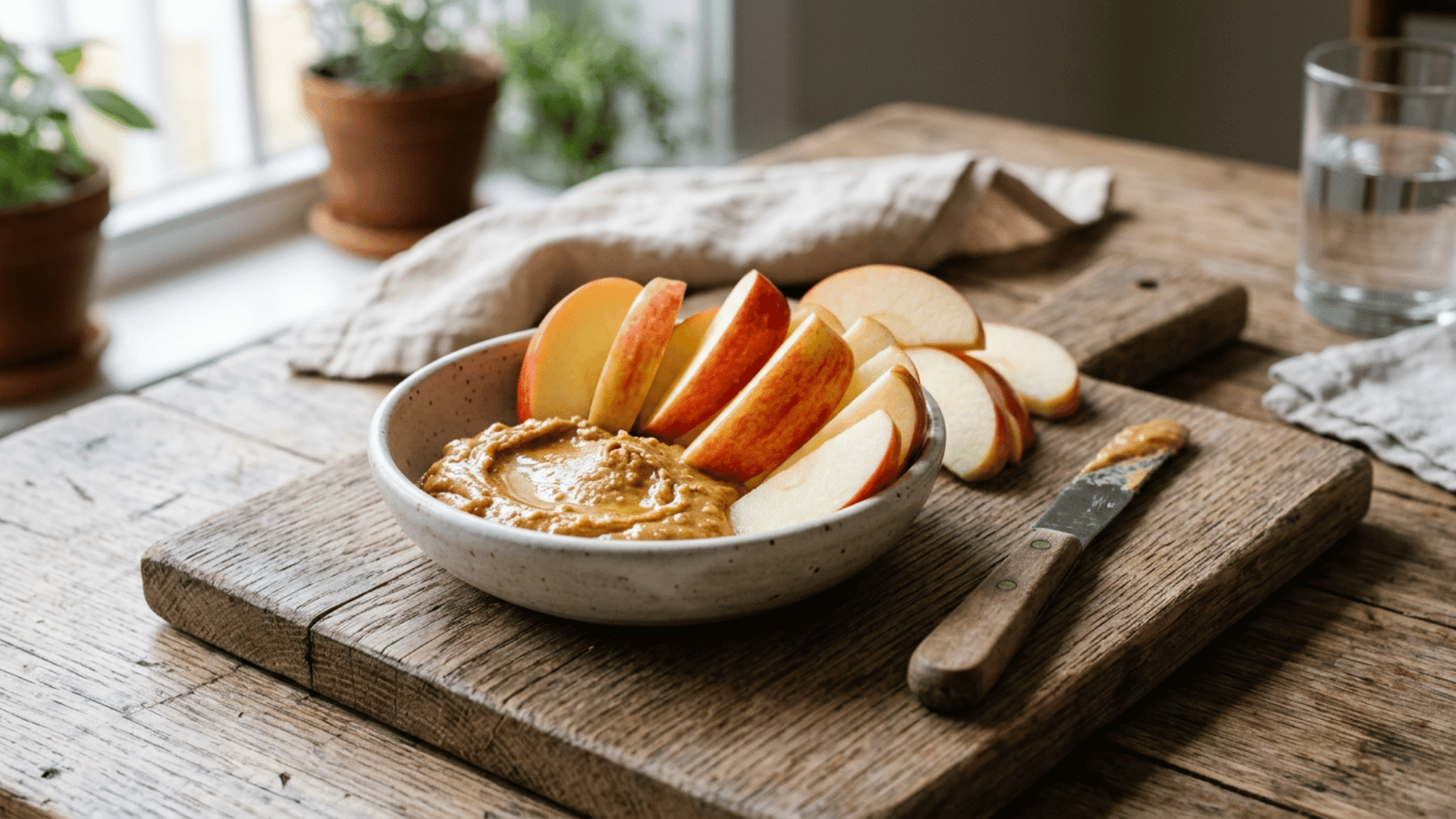 sliced apple served with peanut butter as a balanced snack before exercise or training