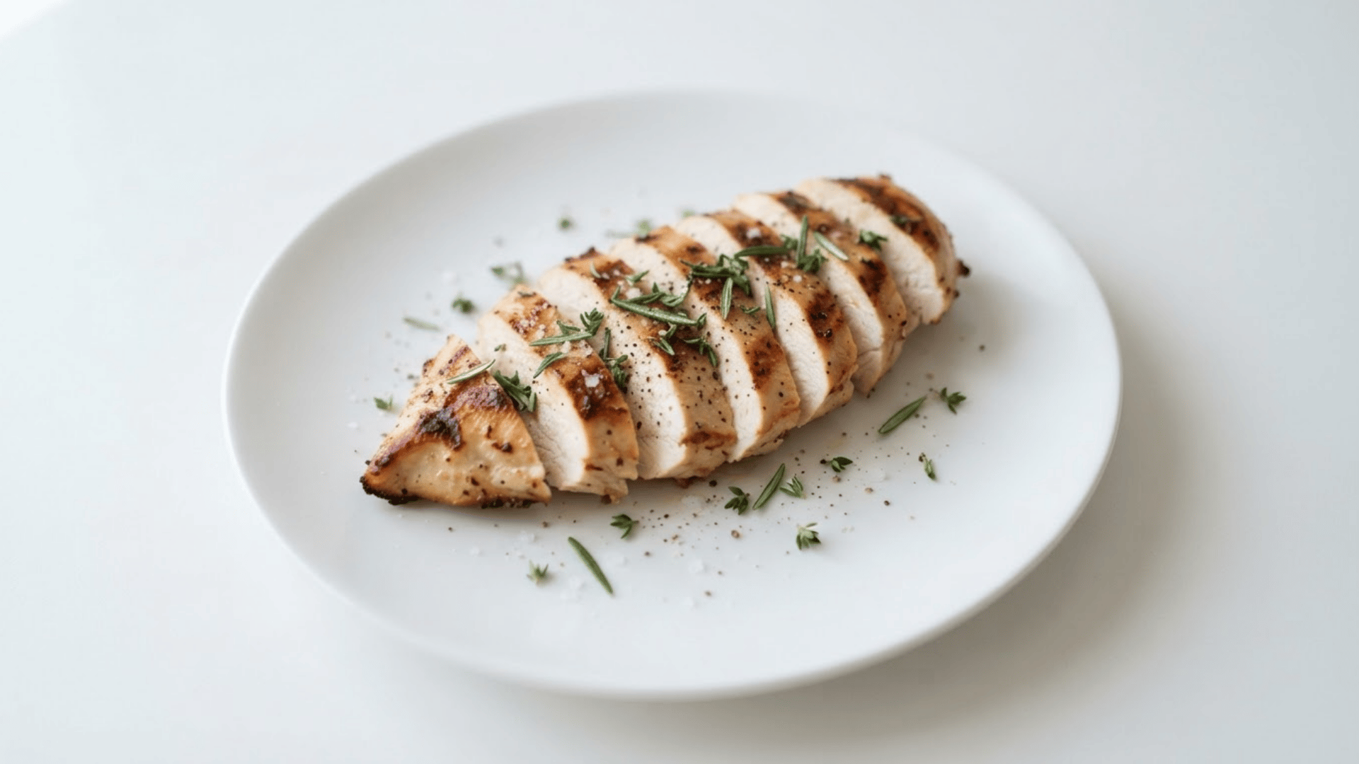 sliced grilled chicken breast with fresh herbs arranged on a white surface in soft natural daylight