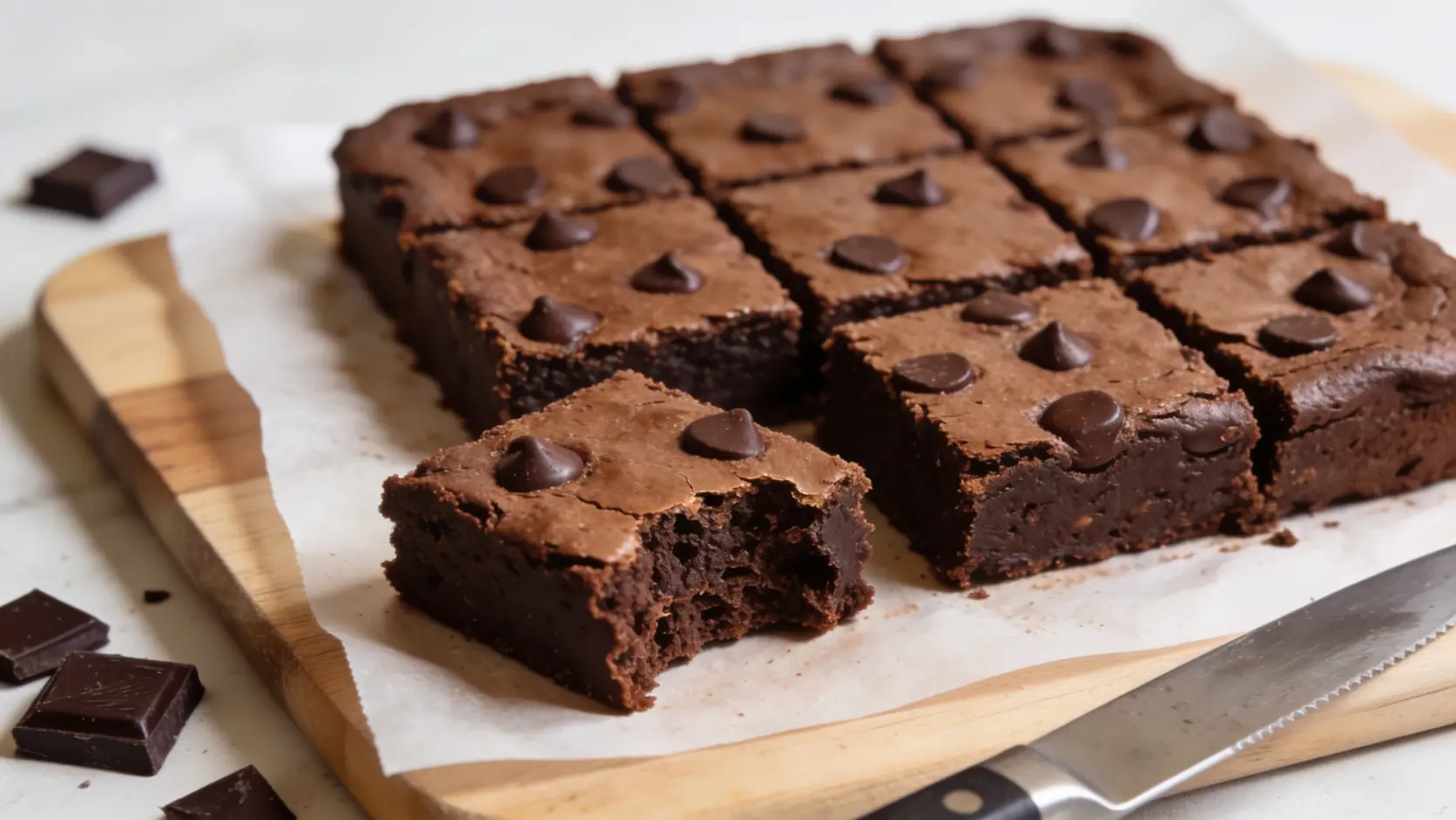 sliced paleo brownies on parchment paper with clean edges, fudgy centers, and dark chocolate pieces