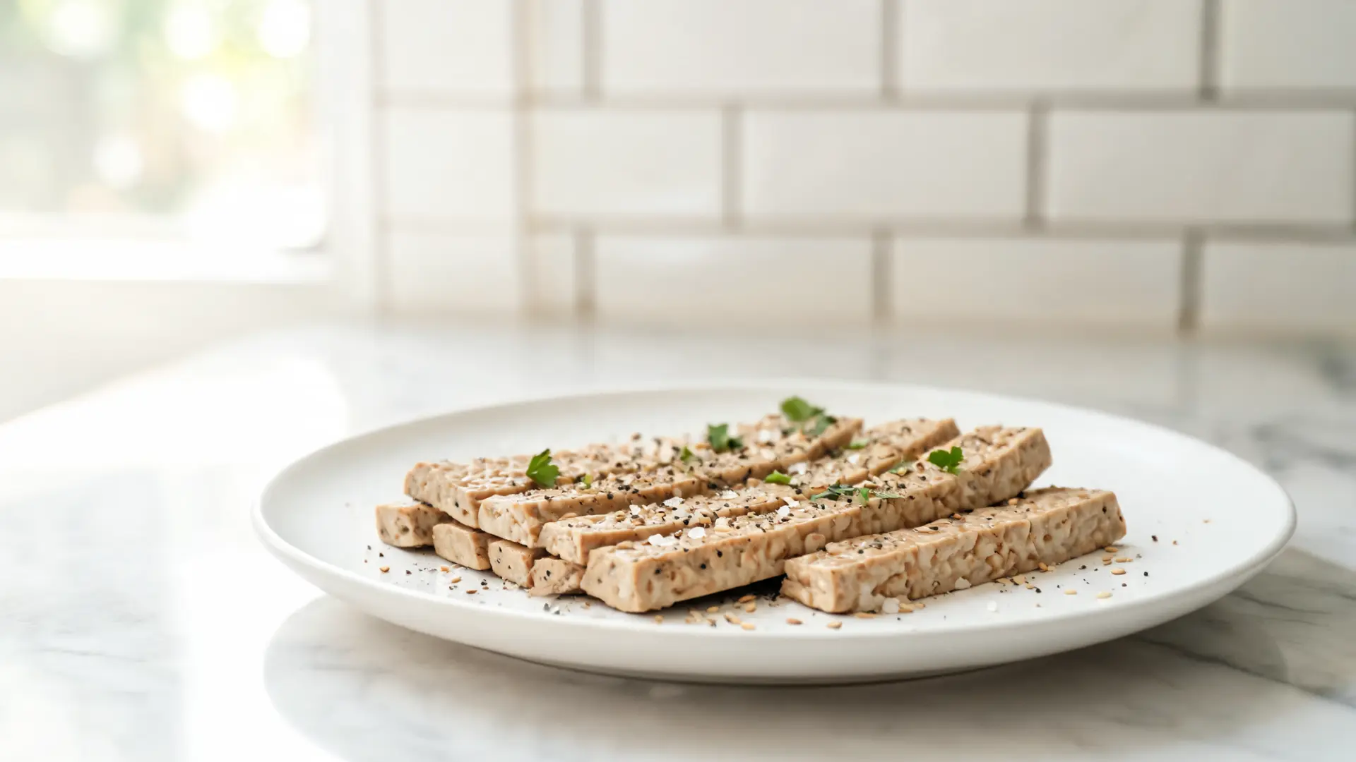 sliced tempeh served on a simple plate with light seasoning and a clean kitchen background