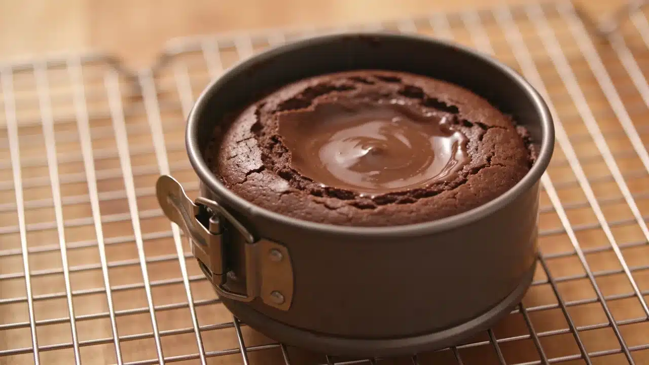 small baked chocolate cheesecake cooling in a springform pan