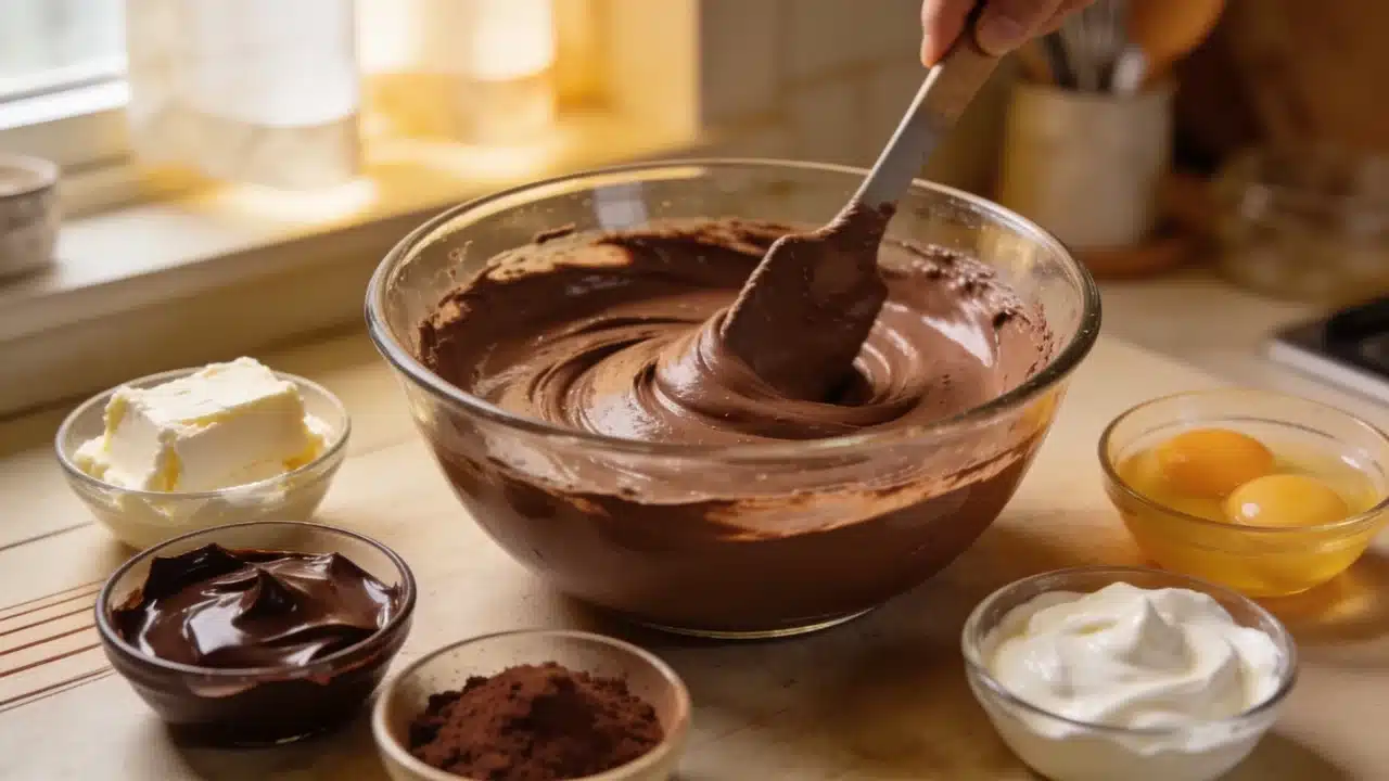 smooth chocolate cheesecake filling being mixed in a bowl