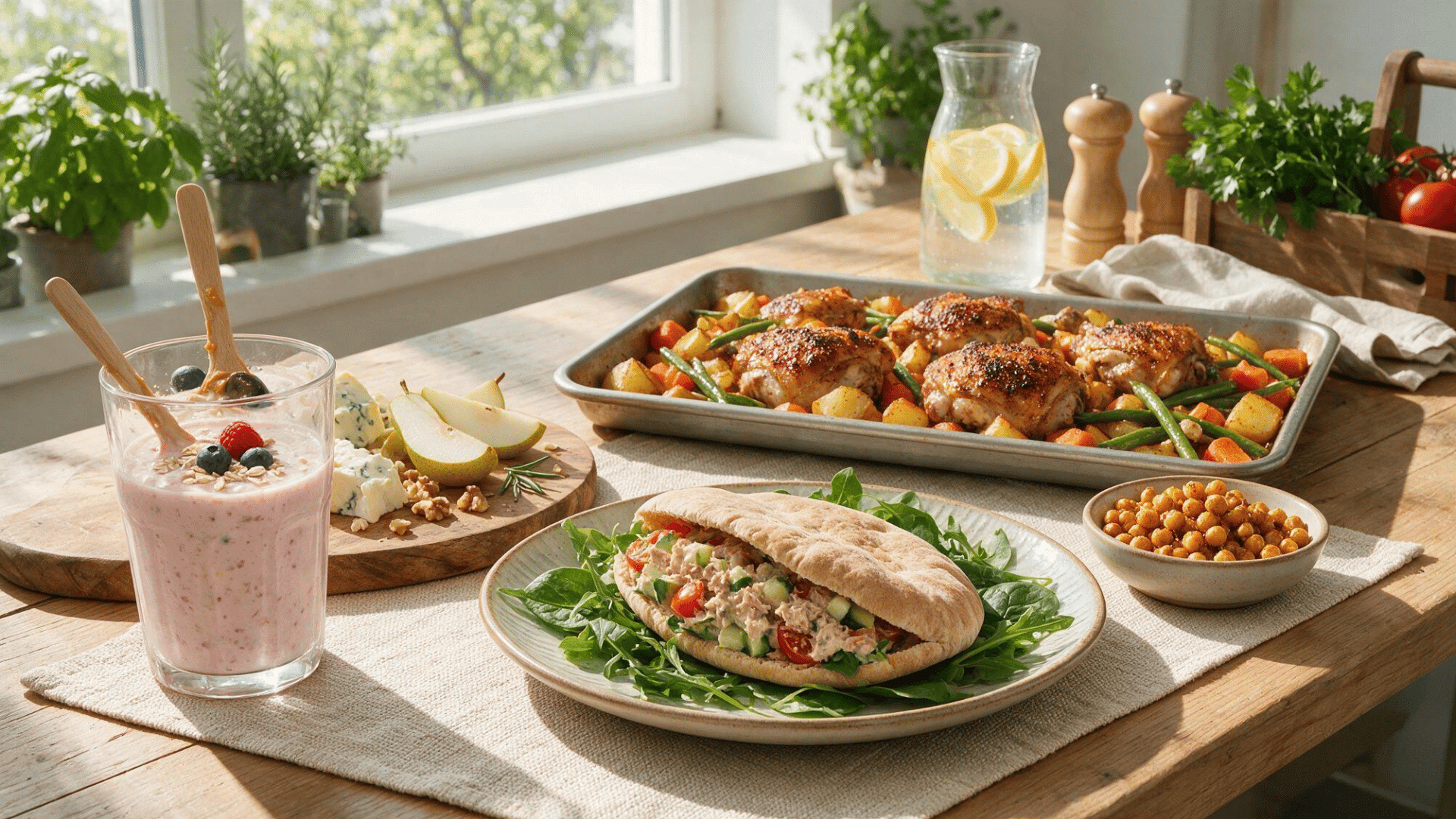 smoothie tuna pita roasted chickpeas chicken tray bake with vegetables and pear snack on kitchen table
