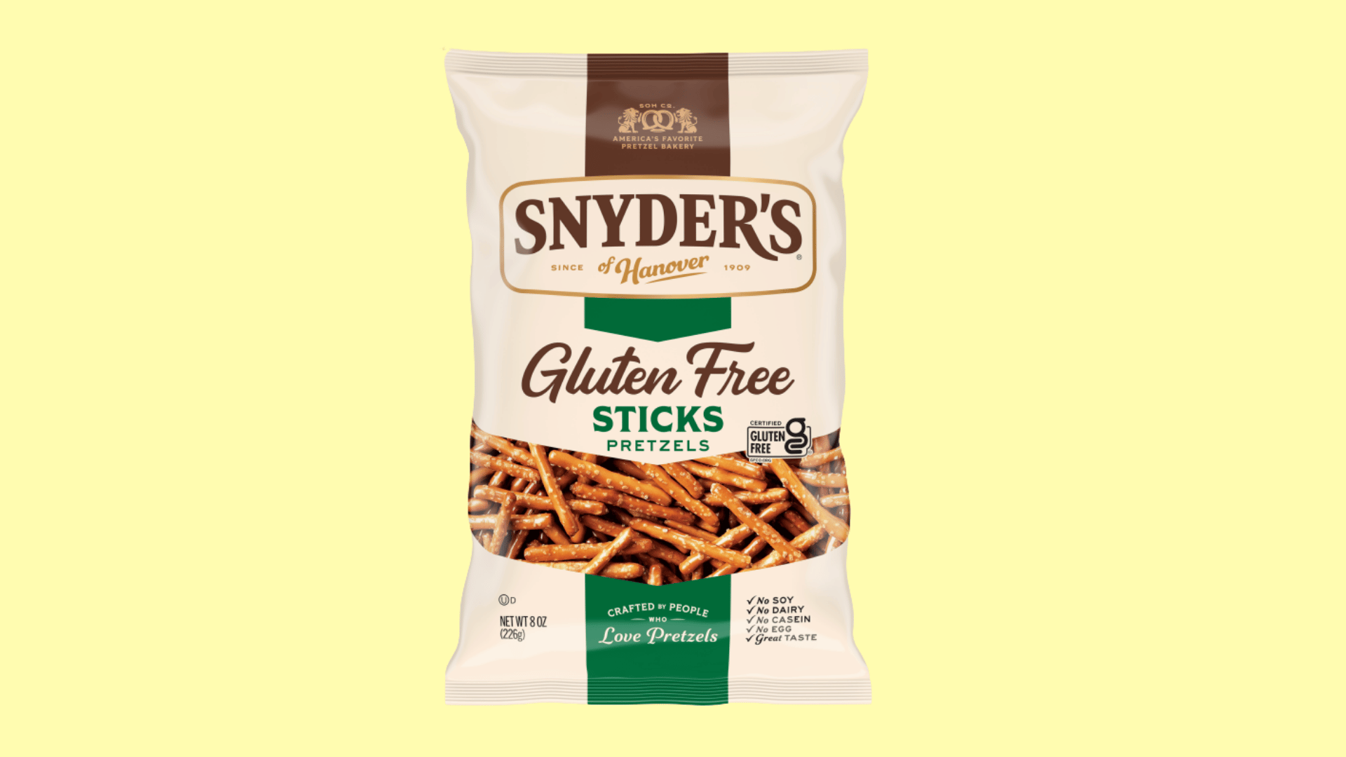snyders of hanover gluten free pretzel sticks bag displayed with pretzel sticks on the package design
