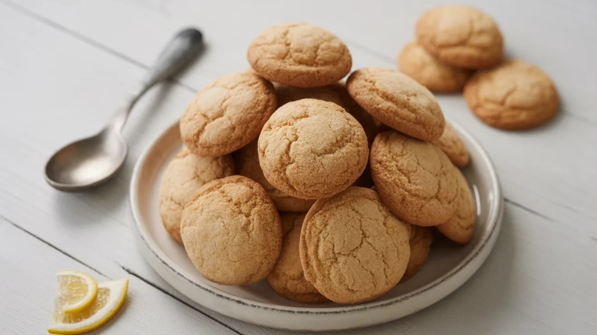 soft amaretti cookies arranged on plate with lemon slices and rustic minimal background