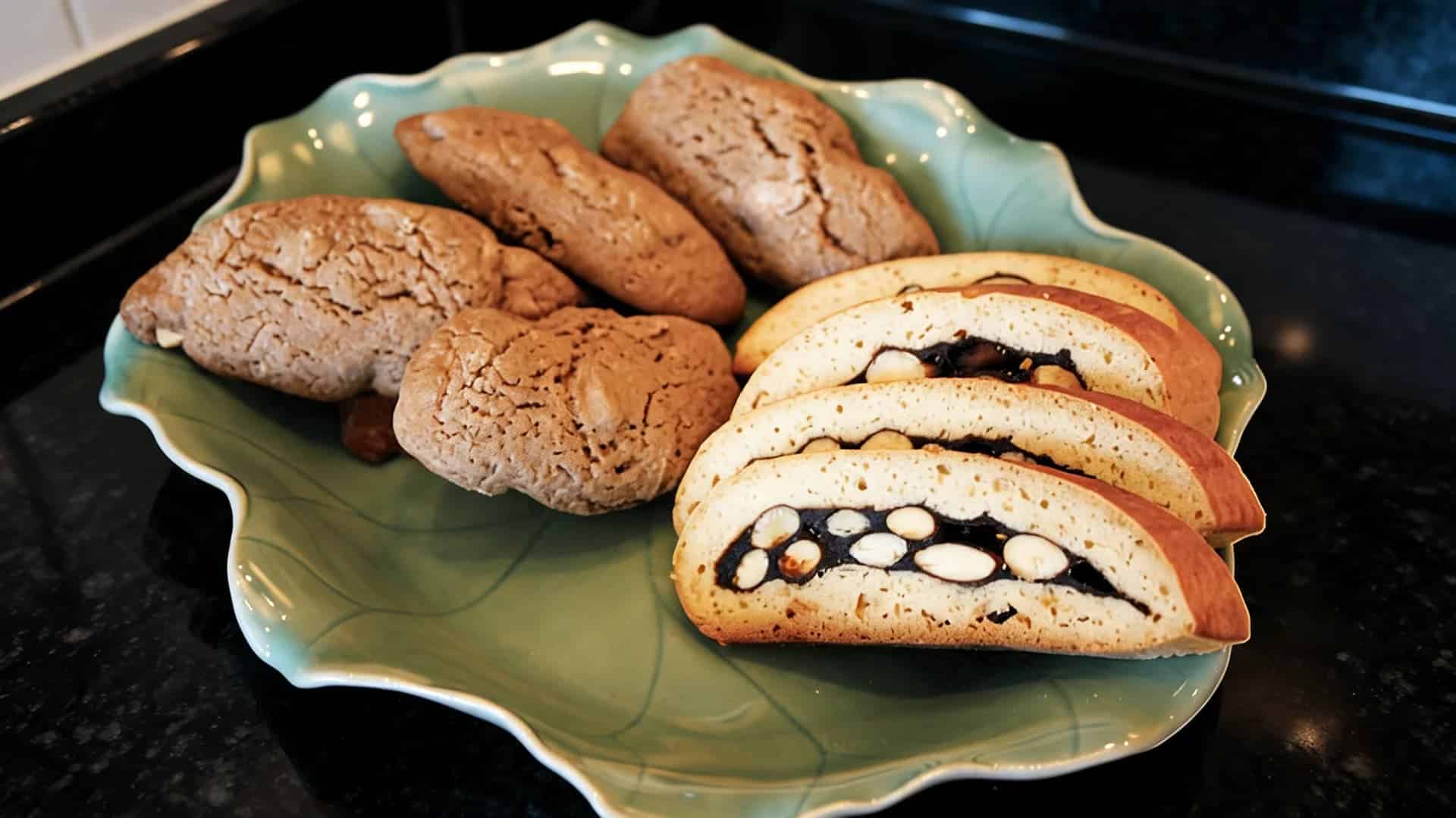 soft mostaccioli cookies arranged on plate with rustic wooden table and warm homemade bakery feel