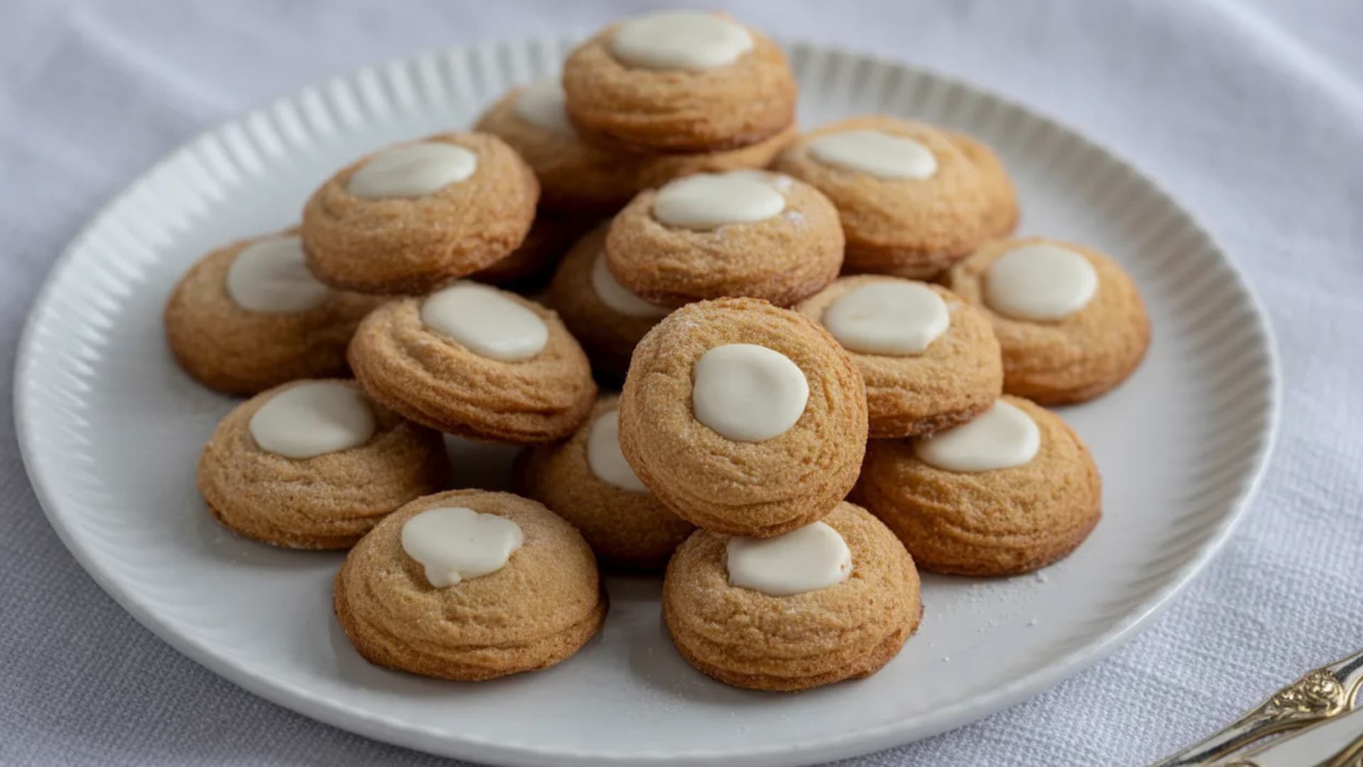 soft pignoli cookies topped with almond paste arranged on white plate with minimal elegant styling