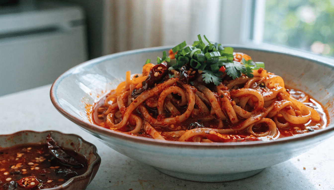 spicy noodles with chili based sauce served in a bowl with herbs and seasonings