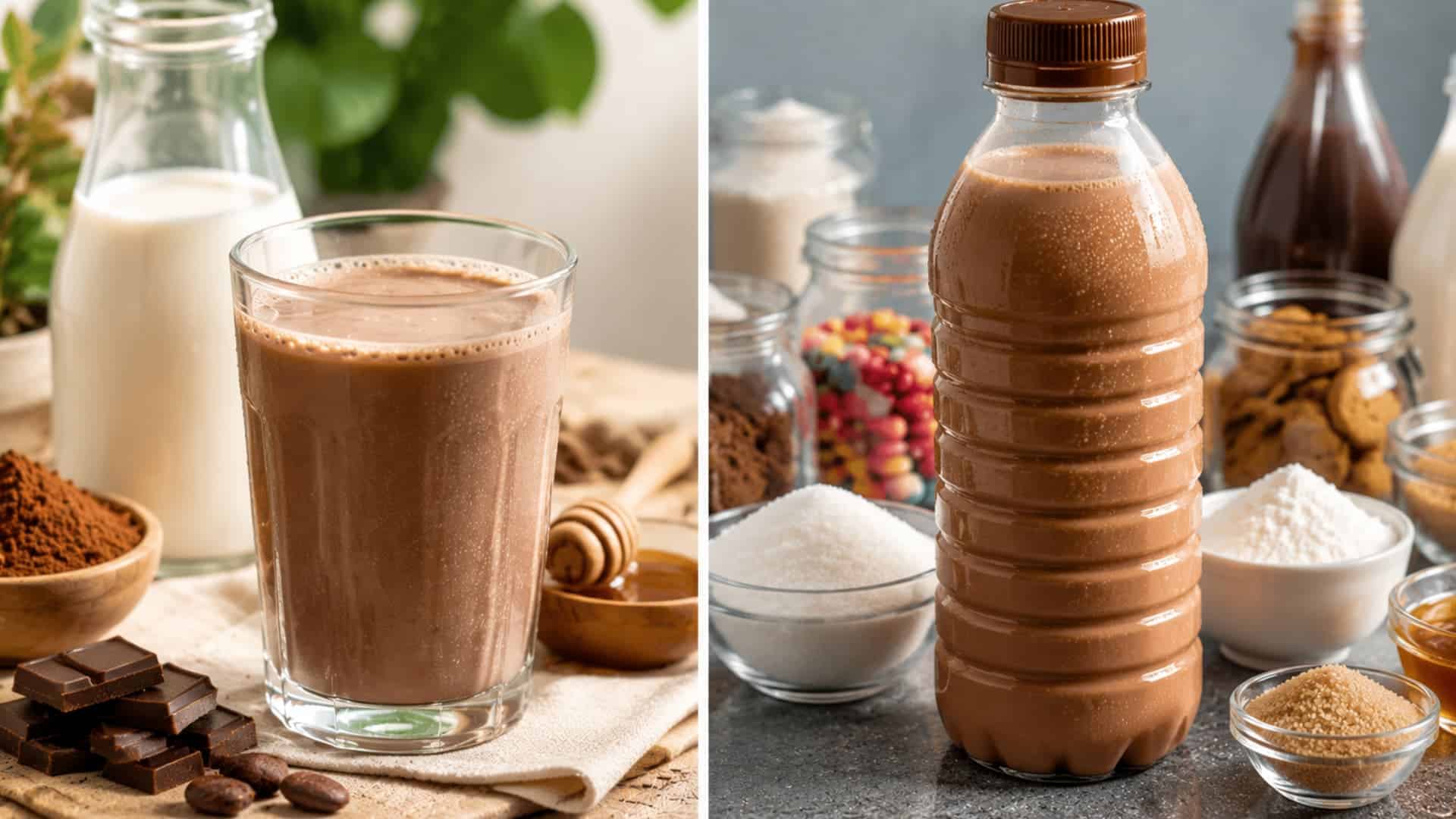 split comparison of homemade and store bought chocolate milk with natural ingredients vs processed bottle