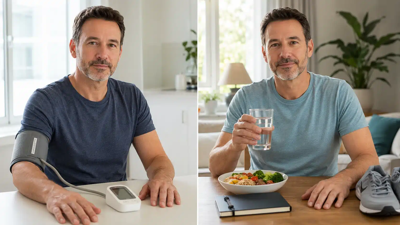 split image showing a health checkup on one side and daily wellness habits on the other