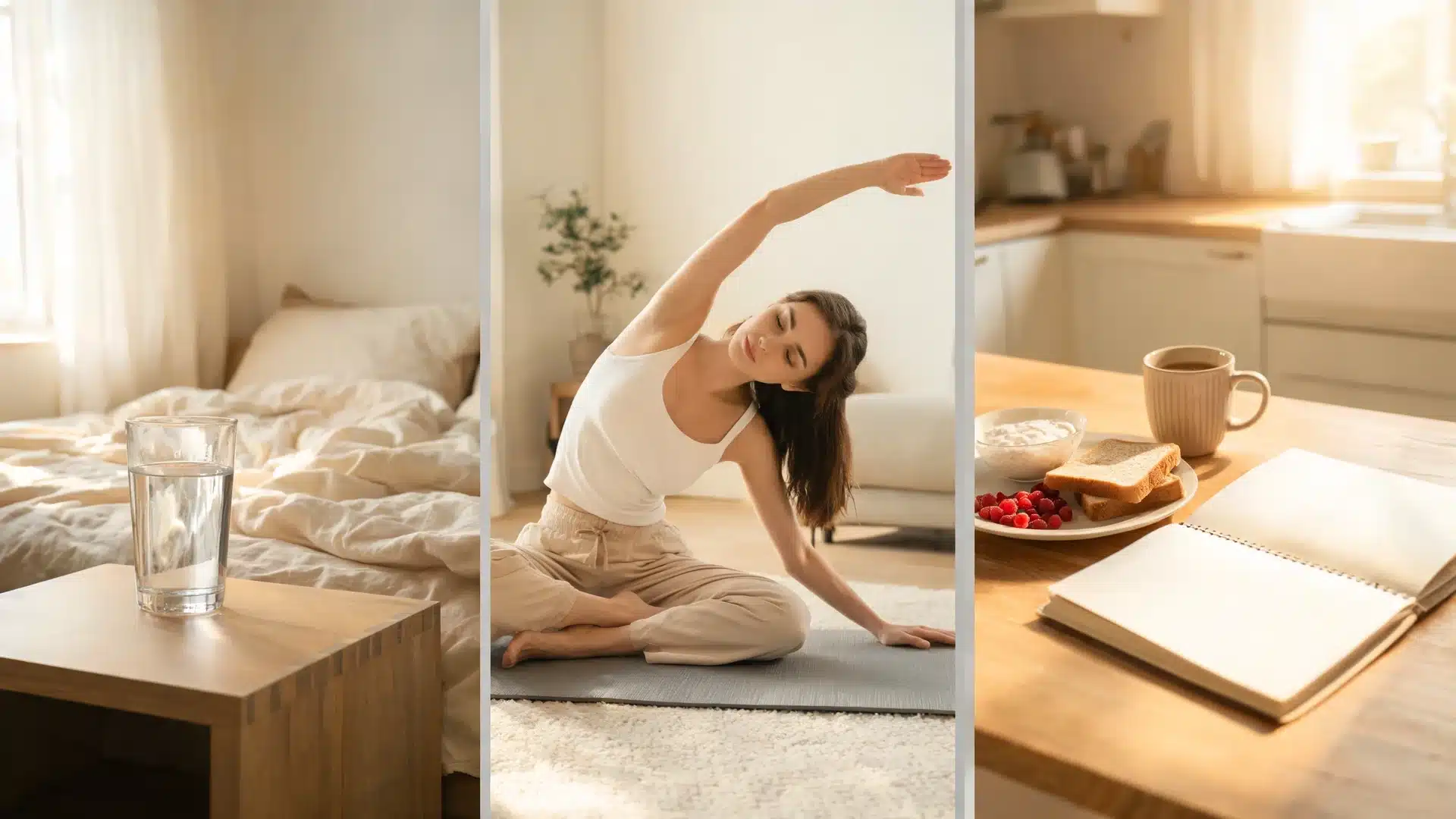 split image showing water stretching and breakfast for how to work on yourself with a gentle morning routine