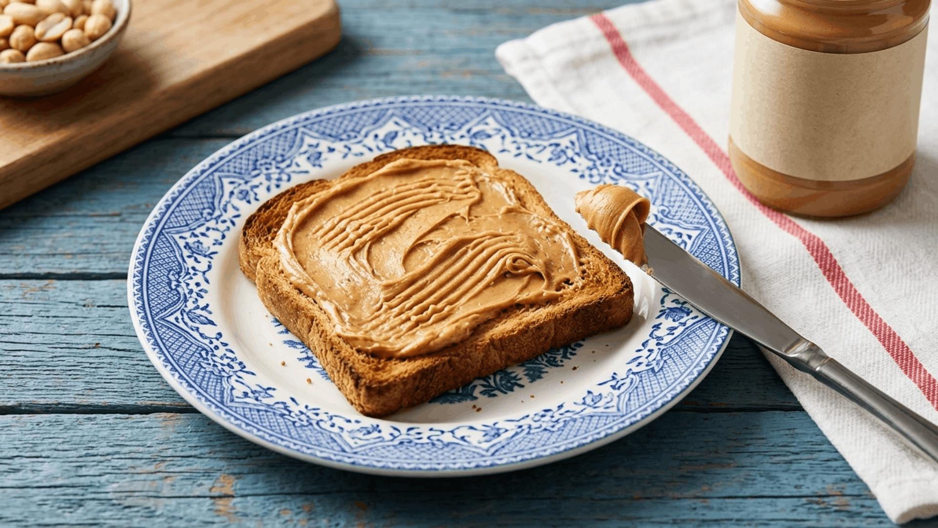 spoonful of peanut butter with banana slices oats and whole grain bread showing a balanced healthy snack (1)
