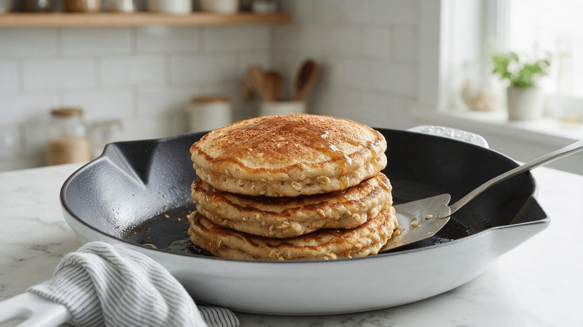 stack of oatmeal pancakes served on a plate with a soft golden texture and a warm homemade breakfast setting (3)