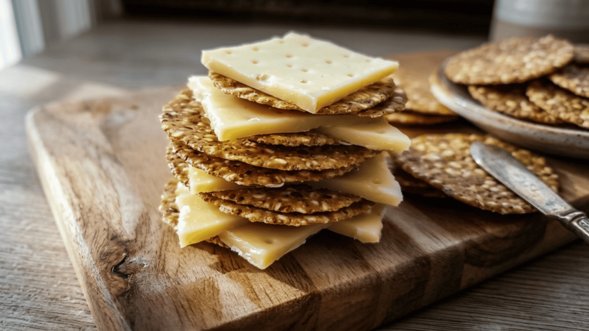 stack of whole grain crackers layered with sliced cheese on wooden board ready for a simple healthy snack (1)
