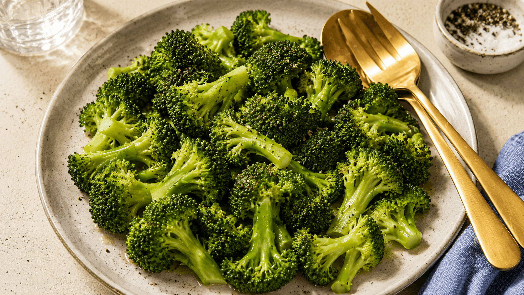 steamed broccoli florets seasoned with black pepper served on a gray plate beside a gold fork and knife with salt in the background