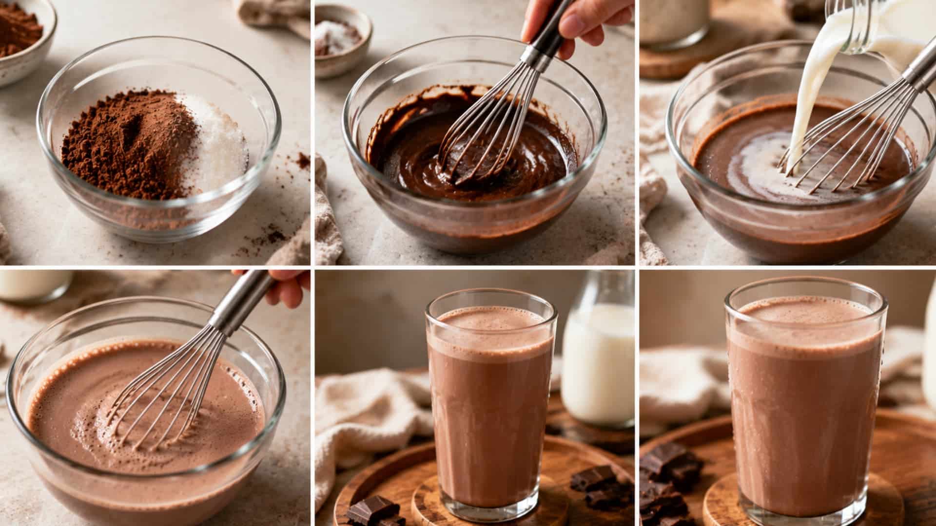 step by step chocolate milk preparation with cocoa and sugar whisked into milk ending with finished drink in glass