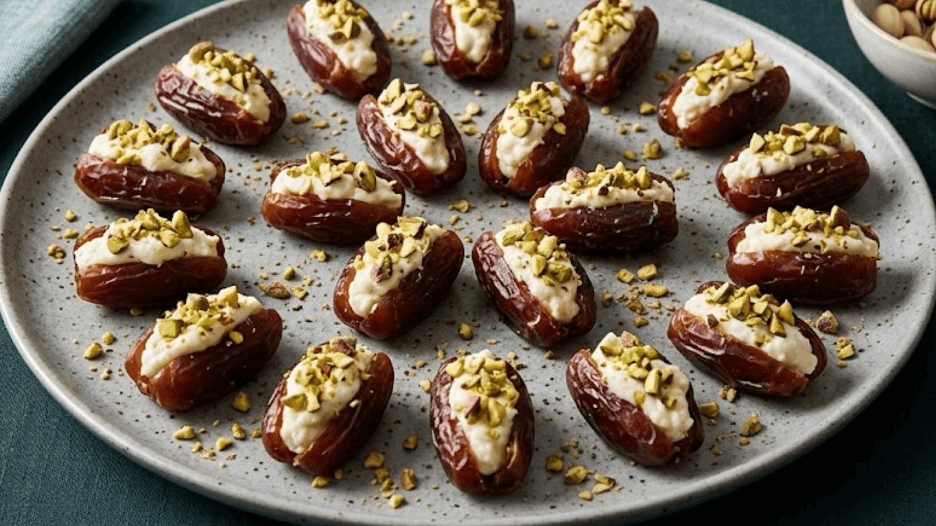 stuffed dates filled with creamy cheese and topped with chopped pistachios arranged on a plate as a naturally sweet healthy snack (1)