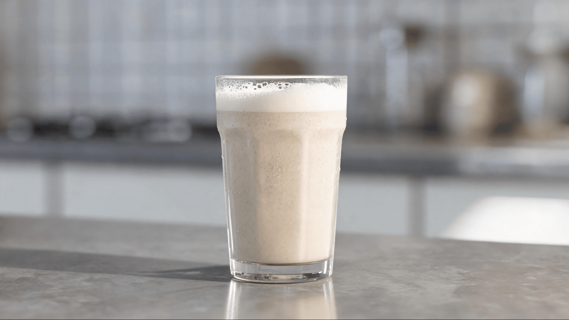 Tall glass of creamy protein shake with foam on a kitchen counter