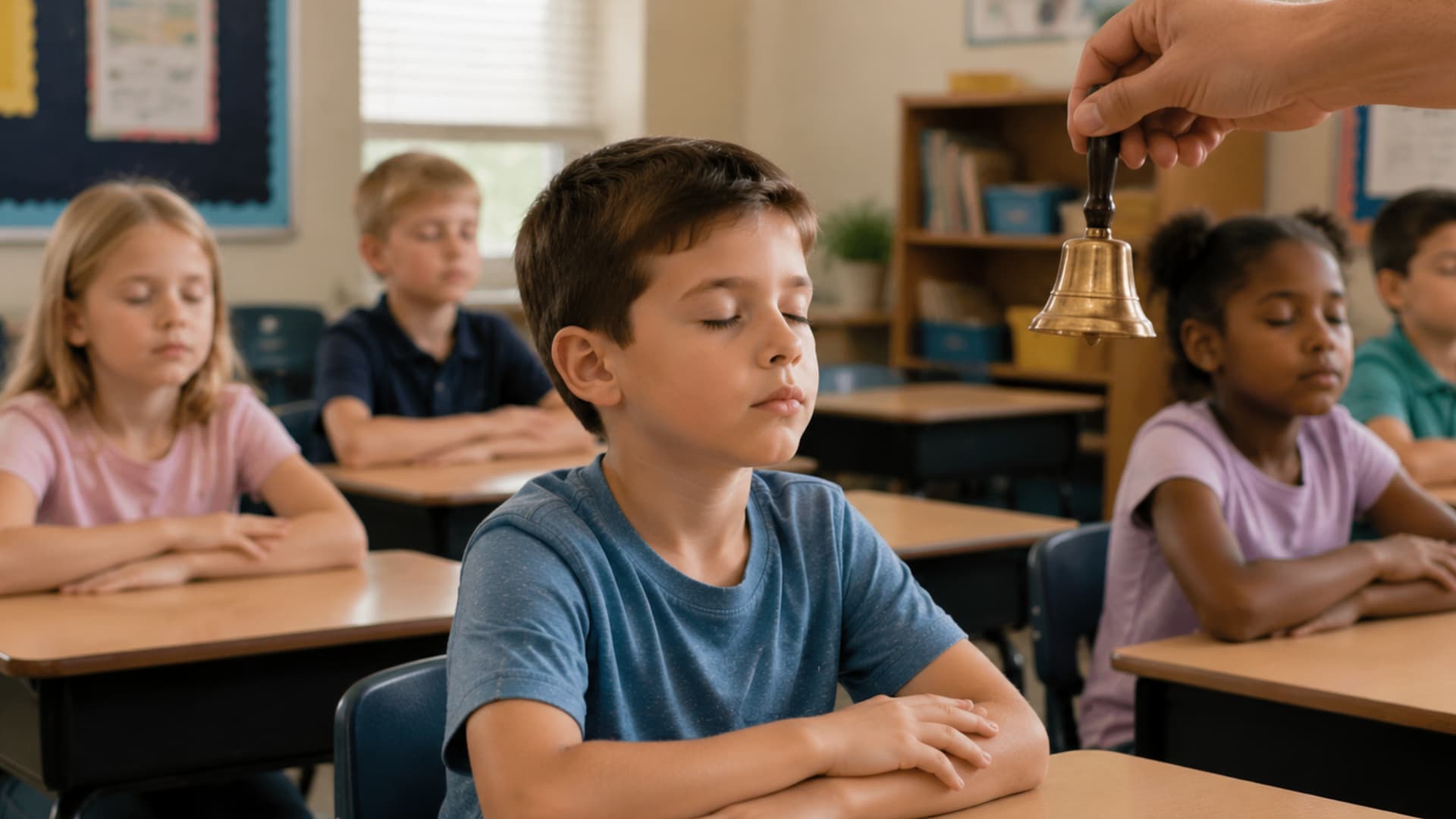 teacher ringing bell while students sit with eyes closed practicing silent listening in classroom